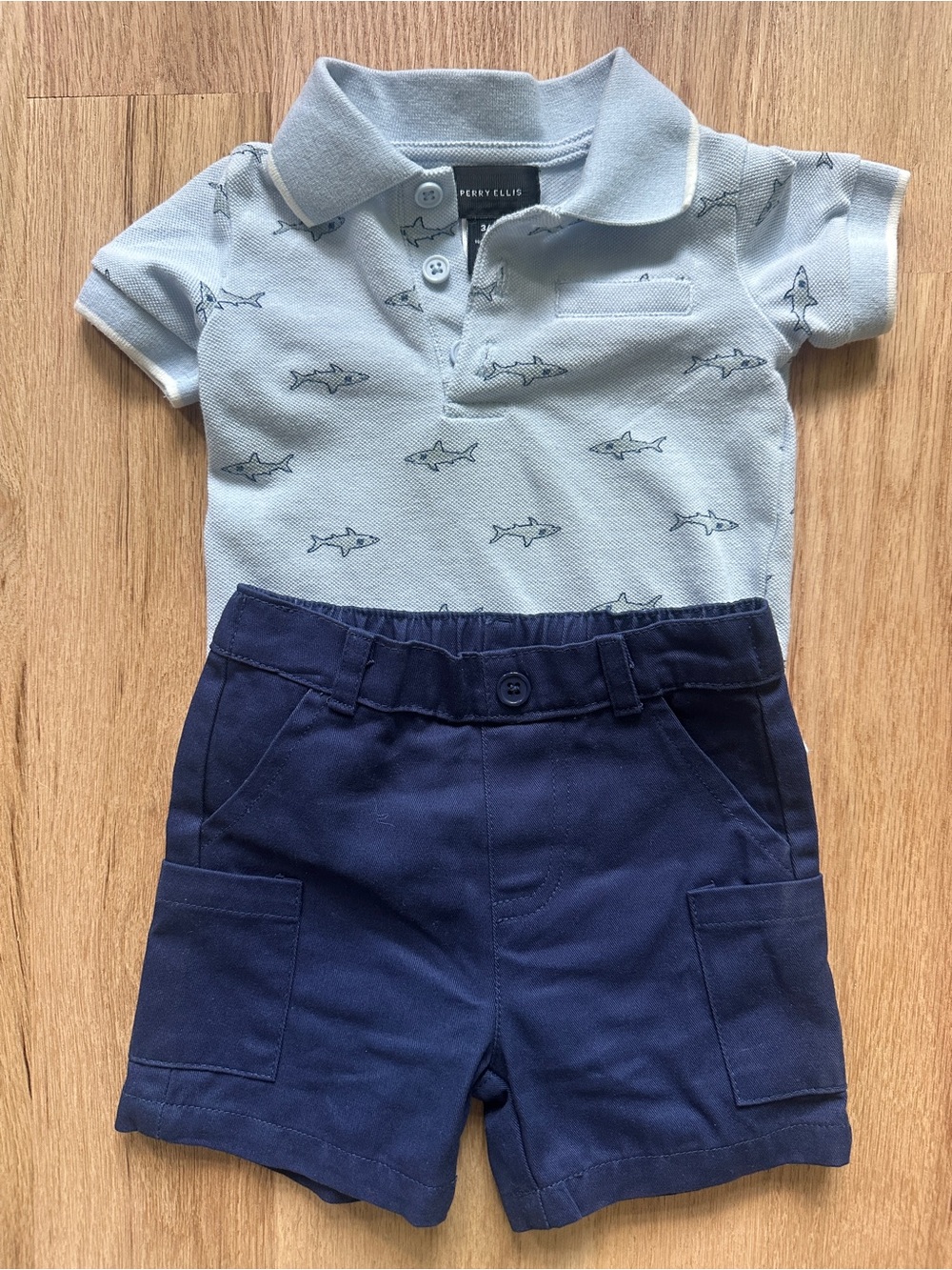 NWOT Perry Ellis Light Blue Shark Polo with Navy Shorts Set